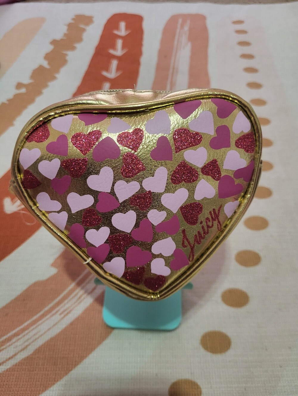 Juicy Couture Gold Heart Cosmetic Pouch with Pink & Fuchsia Hearts